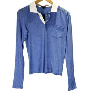 New Theory Fitted Stripe Top M Blue/White Long Sleeve Polo Shirt Cotton Knit